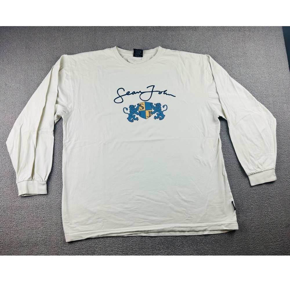 Sean John Graphic Long Sleeve T-Shirt L Cream Lion Cotton Crewneck‎ Streetwear